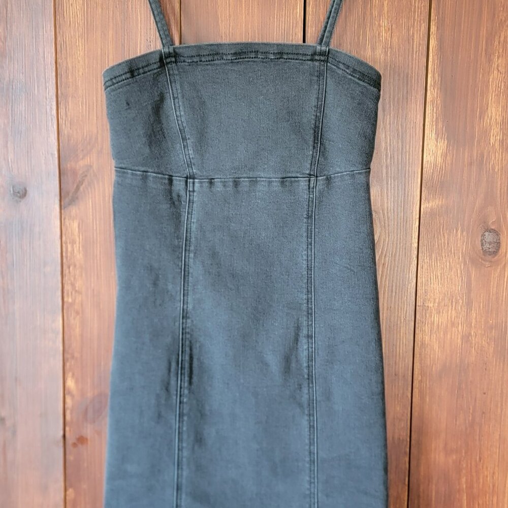Forever‎ 21 Small Black Denim Bodycon Cami Mini Dress Zip Back Stretch Festival